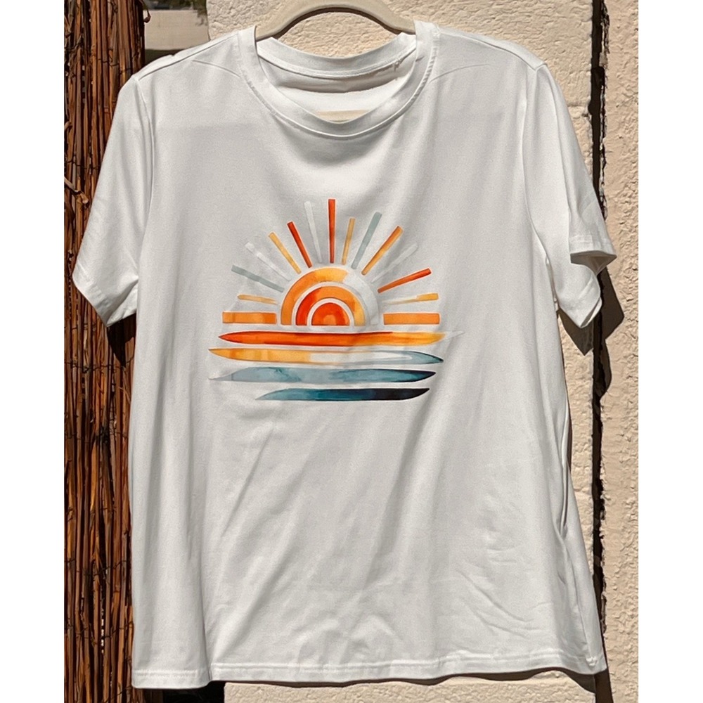 Womens XL White Sunset Graphic Short Sleeve Stretch T Shirt Coastal Beach Tee